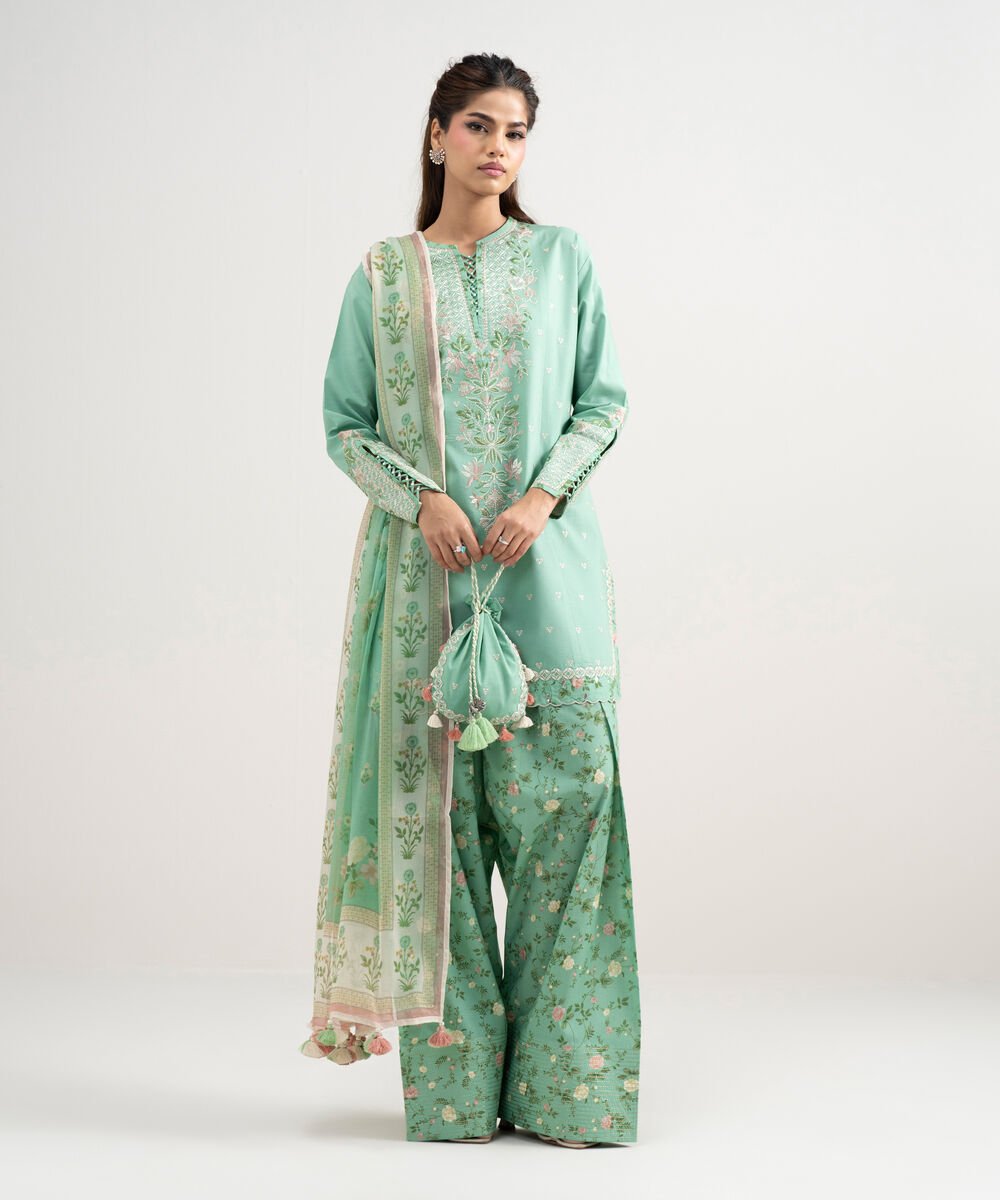 Women's Unstitched Textured Lawn Embroidered Green 3 Piece Suit