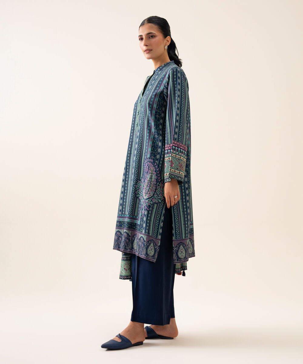 Women's Unstitched Viscose Linen Printed Dark Blue 3 Piece Suit