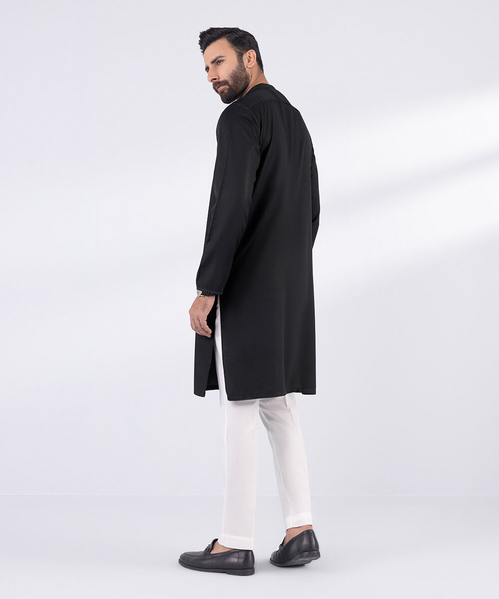 Men's Blended Stitched Plain Black Kurta