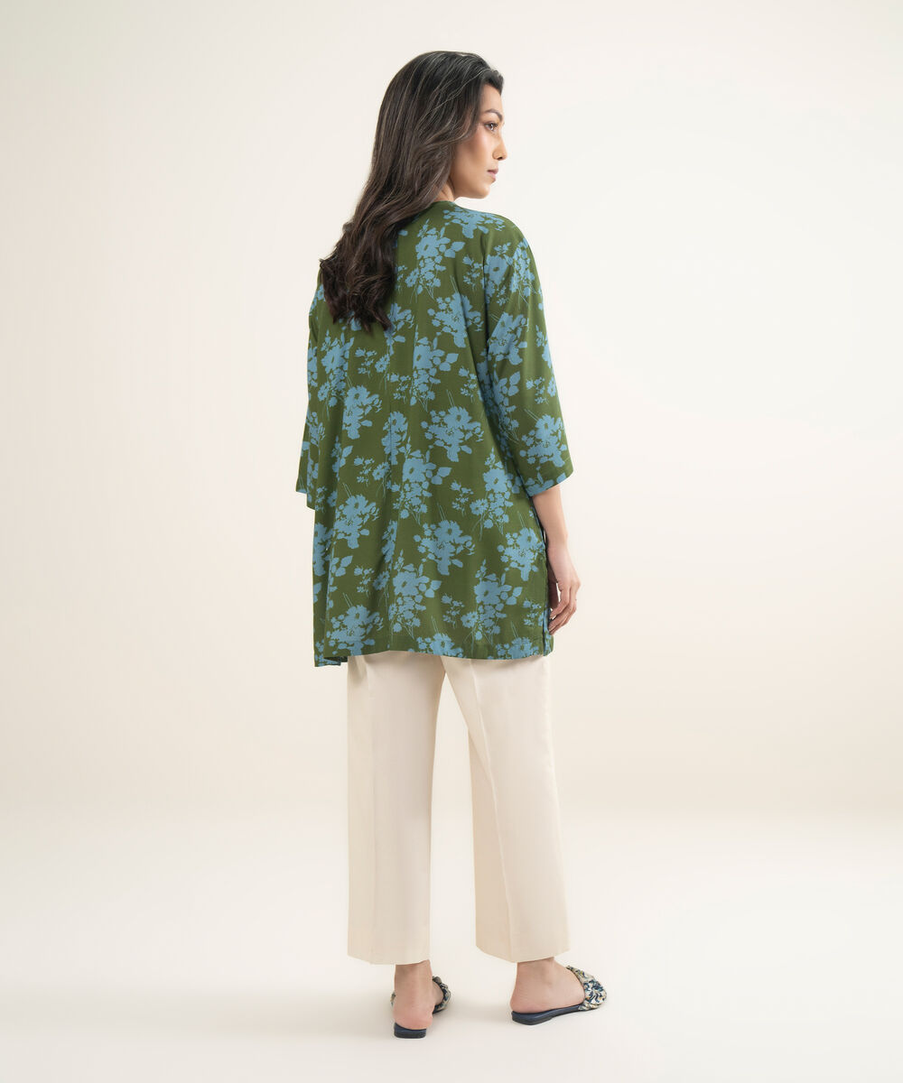Women's RTW Arabic Cambric Printed Green Drop Shoulder Shirt