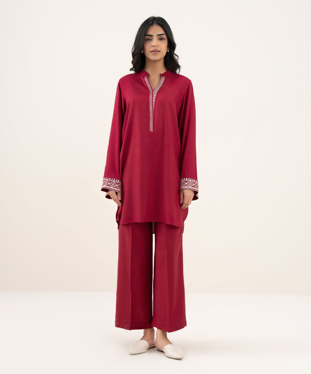 Women's RTW Khaddar Embroidered Straight Maroon Shirt