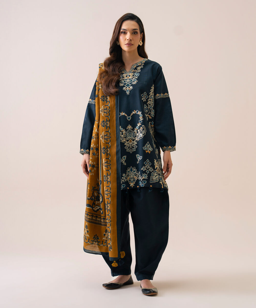 Women's Unstitched Light Khaddar Embroidered Blue 3 Piece Suit