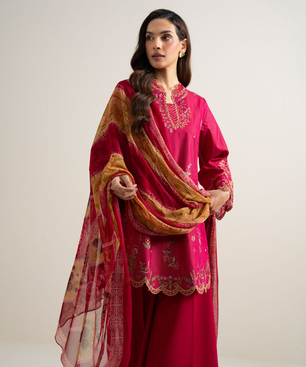 Women's Unstitched Zari Lawn Embroidered Red 3 Piece Suit