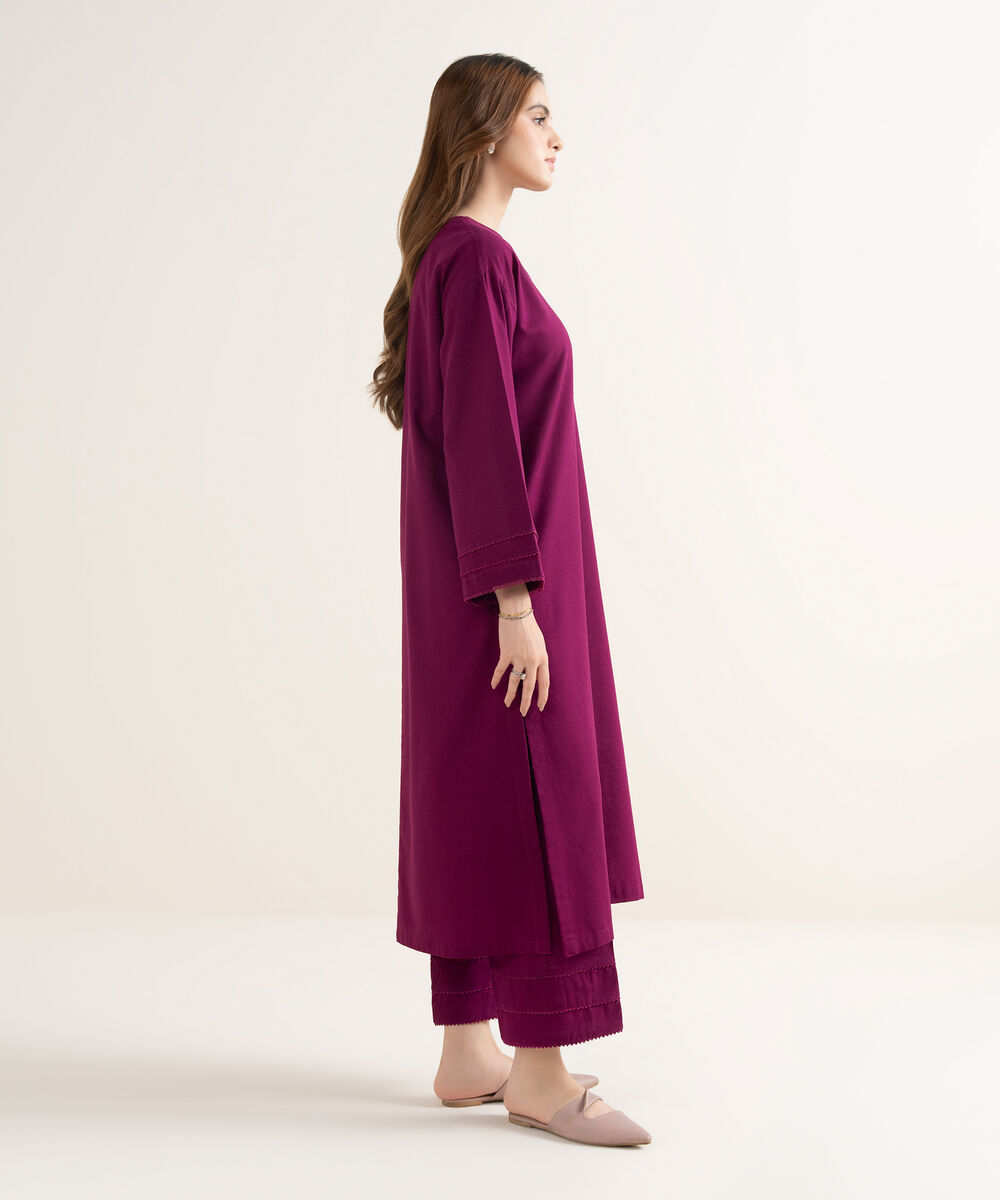 Women's RTW Light Khaddar Solid Drop Shoulder Purple Shirt