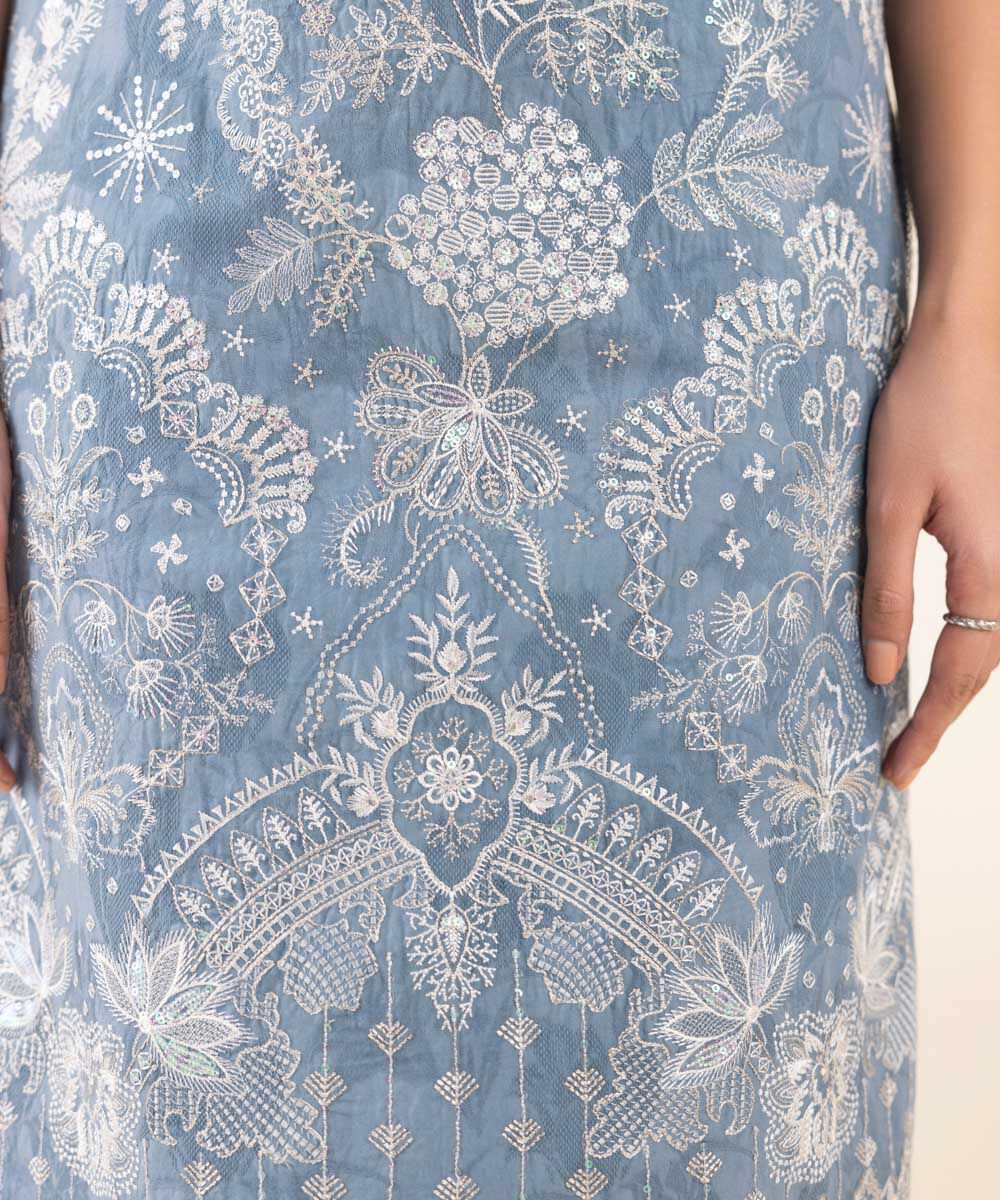 Women's Unstitched Blue Cotton Jacquard, Cotton, Jacquard 3 Piece Suit