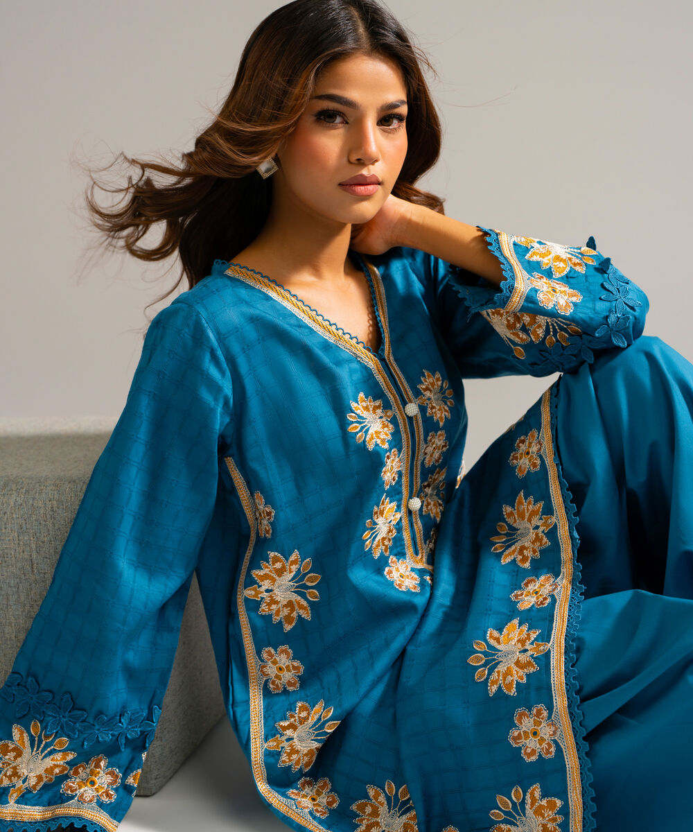 Women's RTW Dobby Embroidered Blue 2 Piece Suit