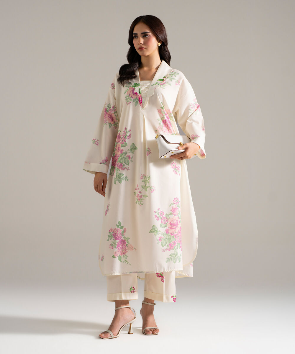 Women's RTW Cotton Viscose Printed Off White 2 Piece Suit
