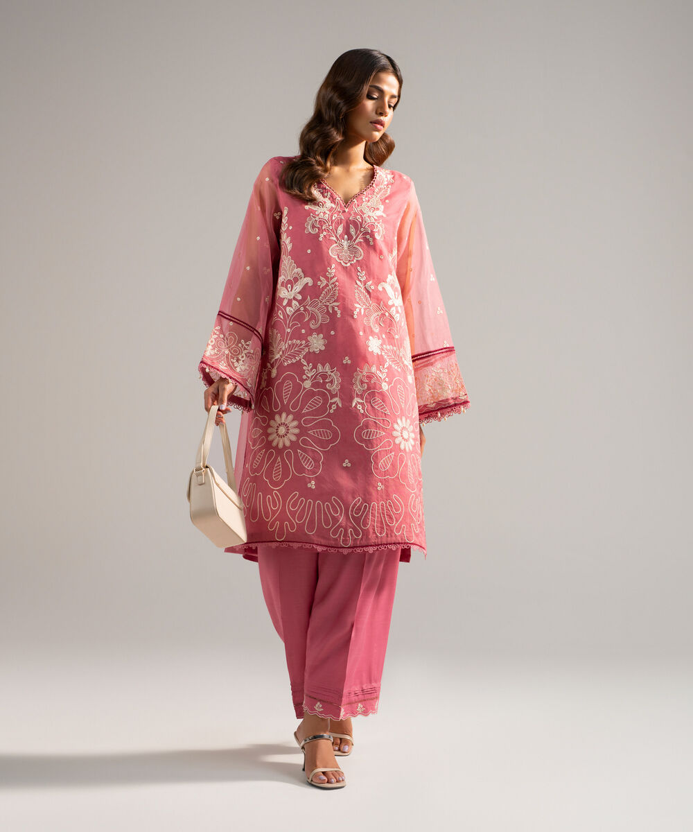 Women's RTW Blended Organza Embroidered Pink 2 Piece Suit