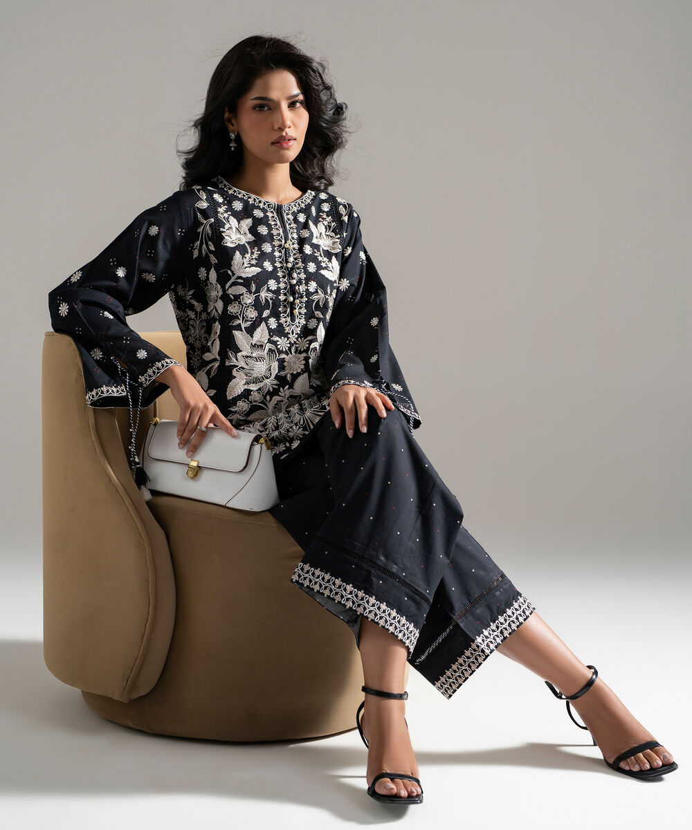 Women's RTW Lawn Embroidered Black 2 Piece Suit