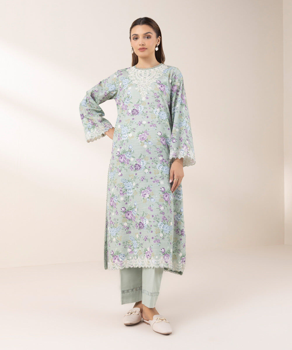 Woman - Green Embroidered Khaddar Shirt