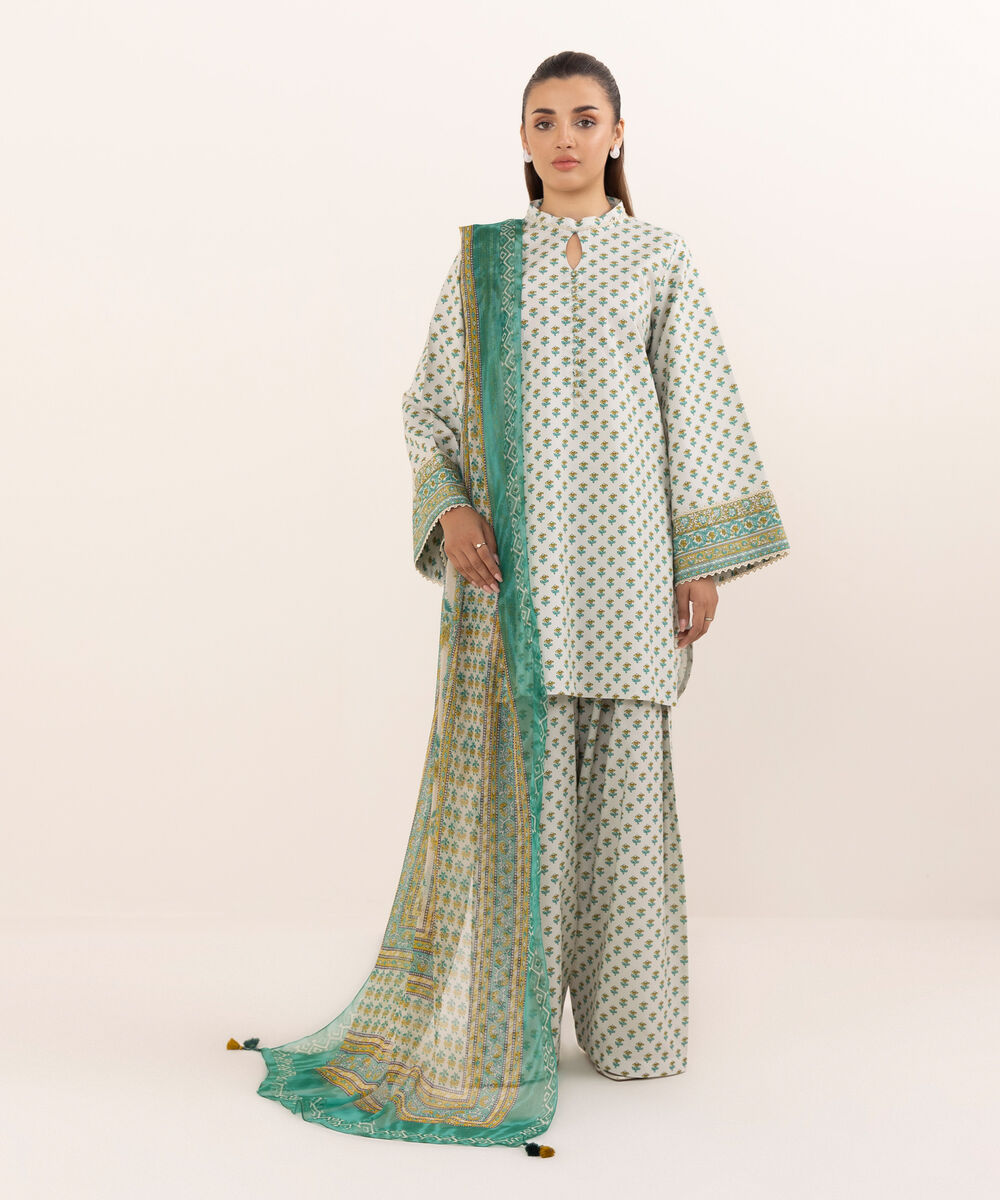 Women's Unstitched Cotton Printed Off White Three Piece Suit