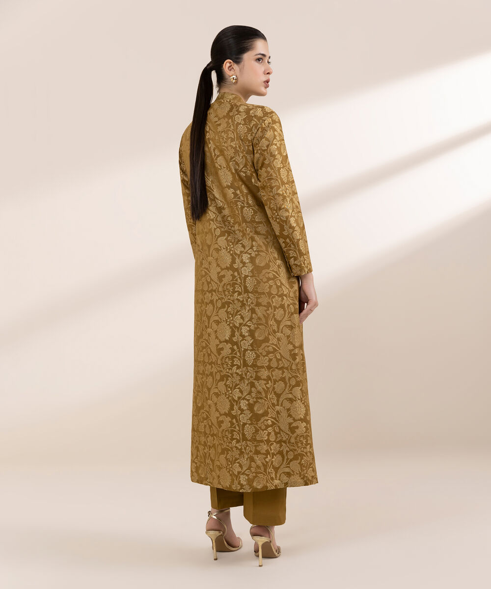 Women's RTW Extra Weft Jacquard Brown Solid Peshwas