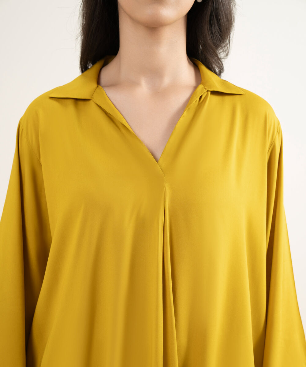Women's RTW Arabic Lawn Solid Mustard Straight Shirt