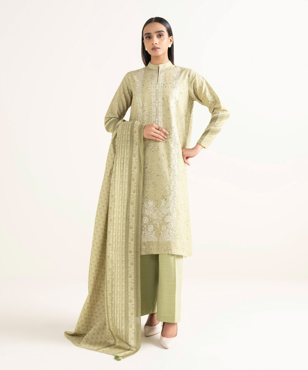 Women's Unstitched Cotton Embroidered Beige   2 Piece Suit