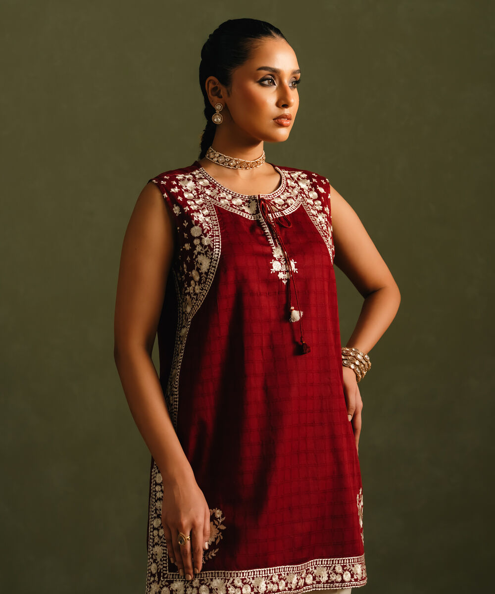 Women's RTW Cotton Embroidered Red Straight Shirt