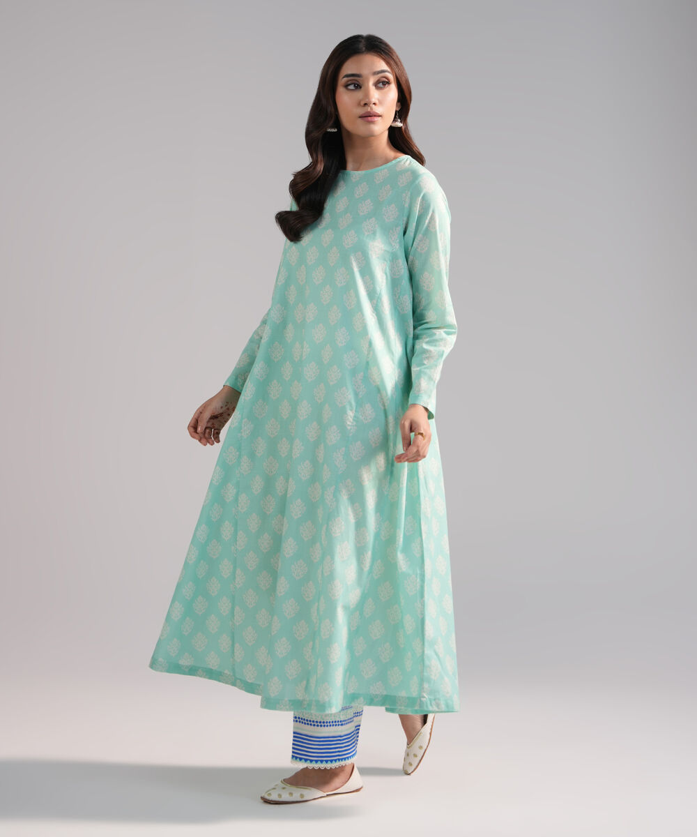 Women's RTW Crosshatch Printed Turquoise A-Line Shirt