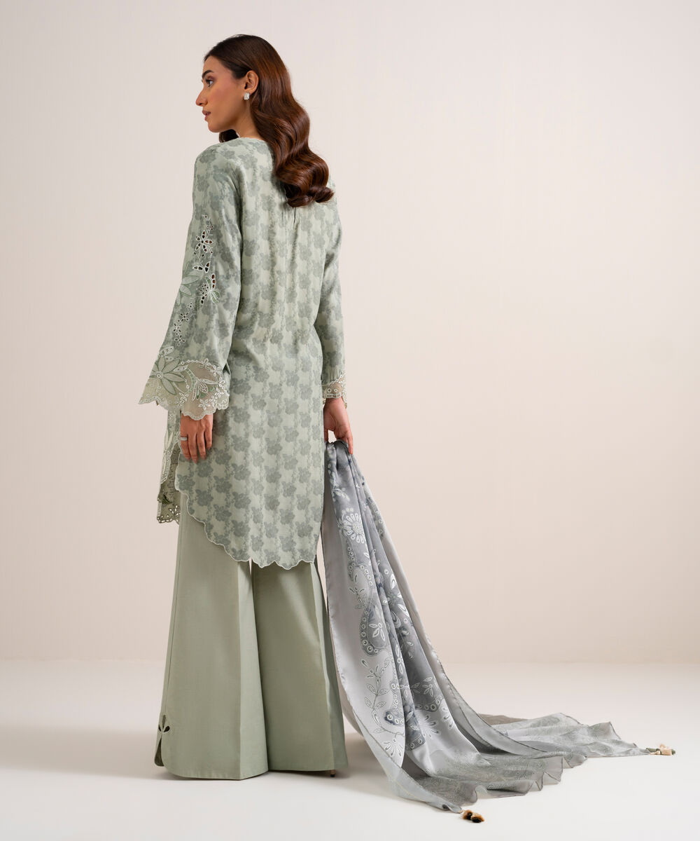 Women's Unstitched Embroidered Linen Jacquard Light Green 3 Piece Suit