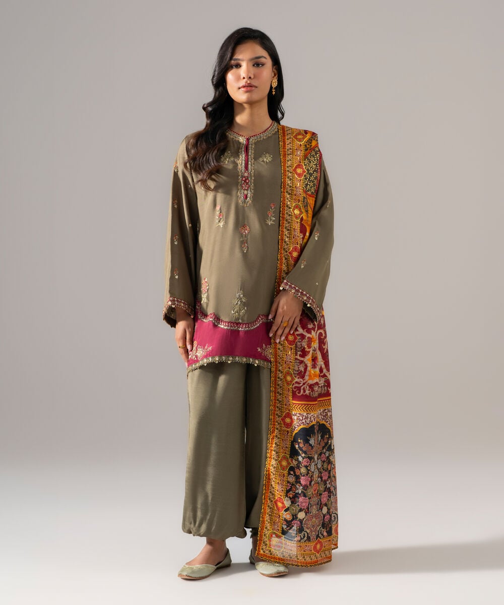 Women's RTW Bright Raw Silk Embroidered Green 3 Piece Suit