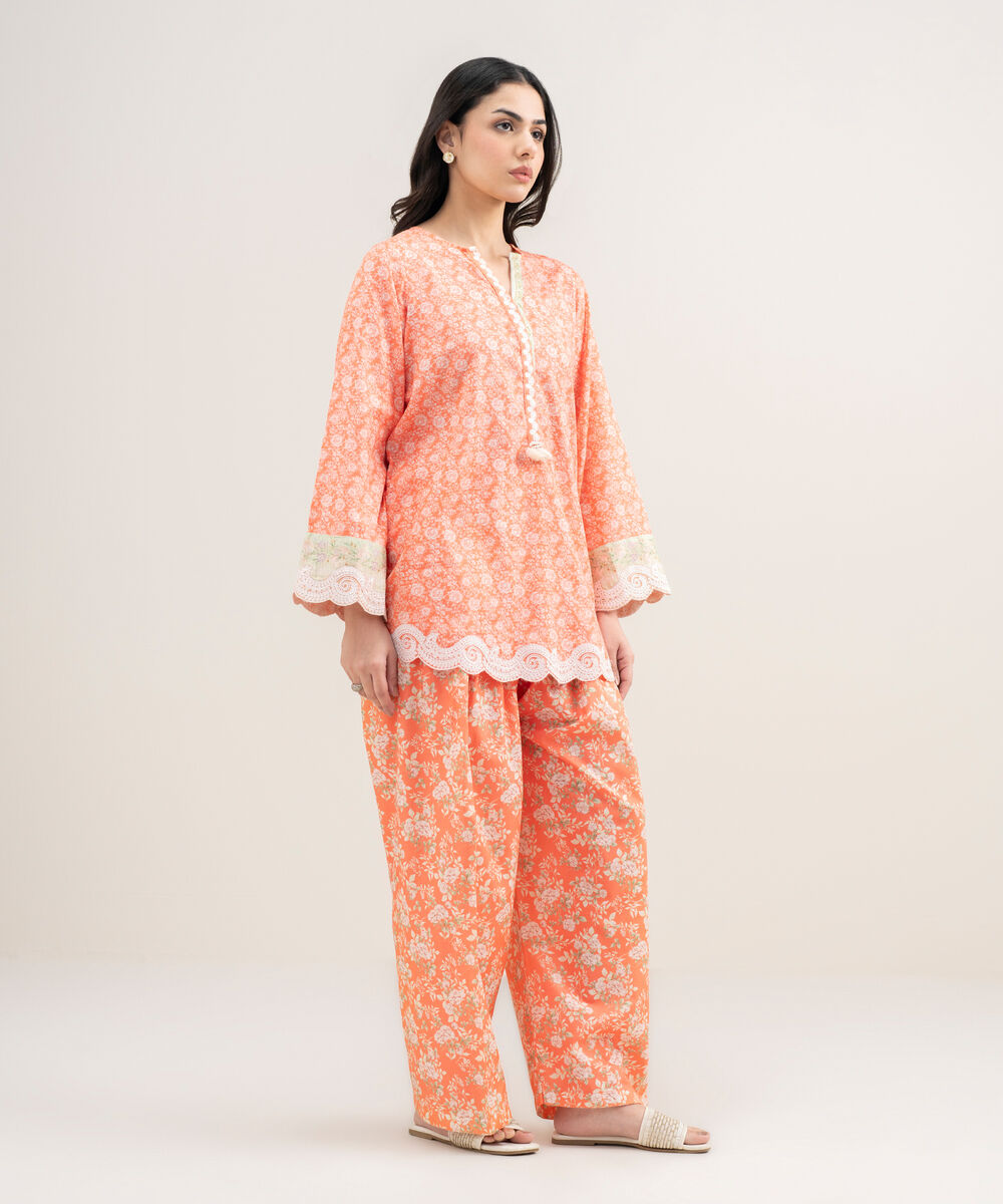 Women's RTW Dobby Embroidered Orange Straight Shirt