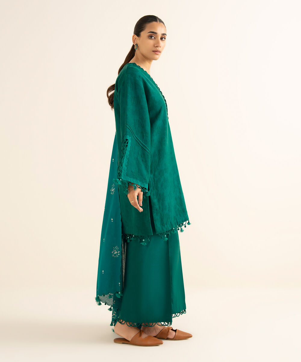 Women's Unstitched Cotton Jacquard Embroidered Green 3 Piece Suit