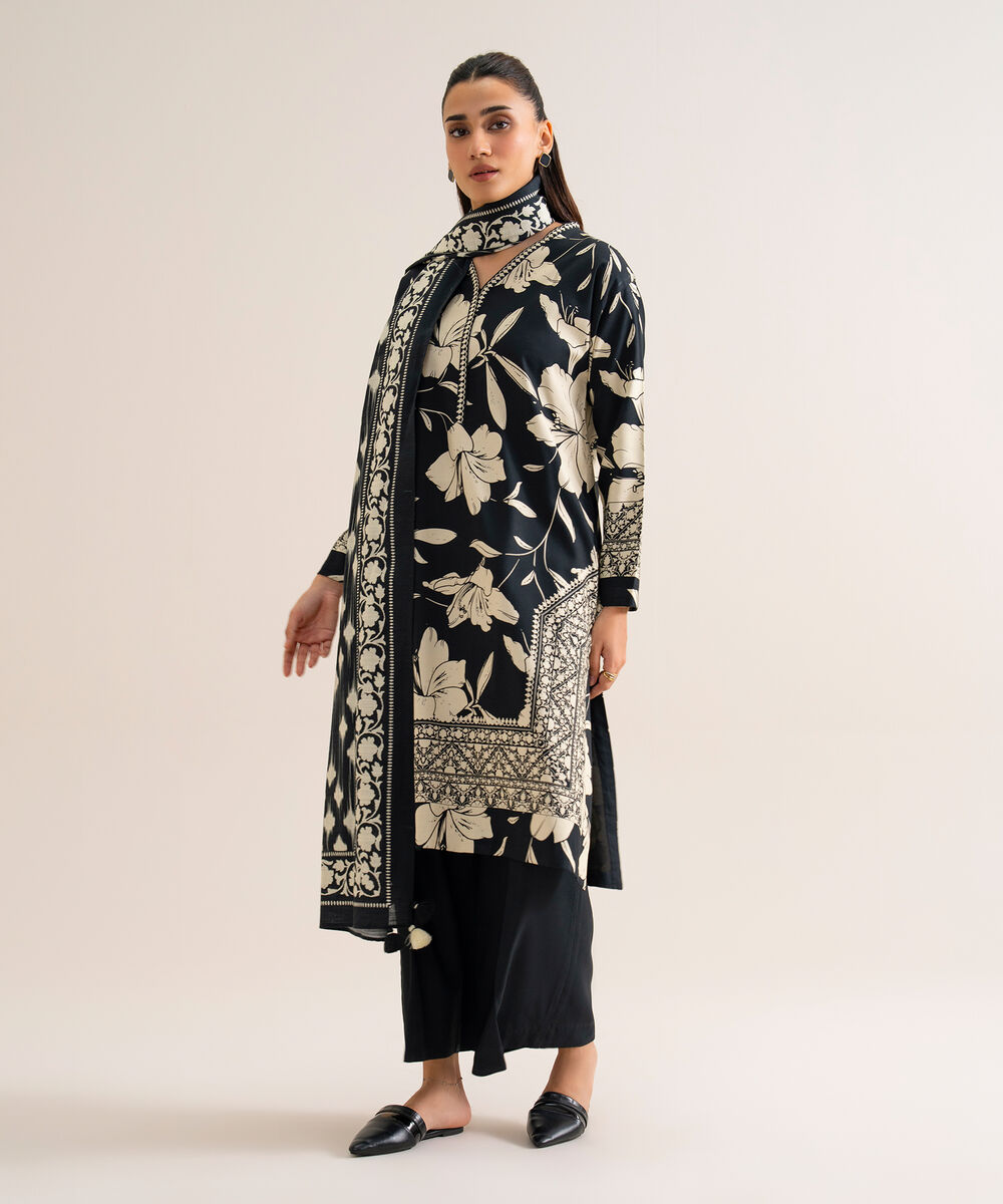 Women's Unstitched Viscose Linen Printed Black & Off White 3 Piece Suit