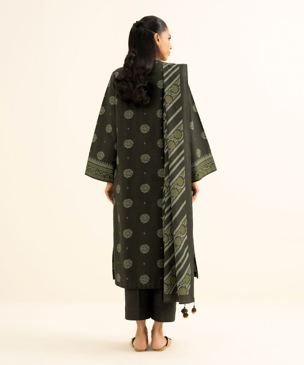 Women's Unstitched Cotton Printed Brown 3 Piece Suit