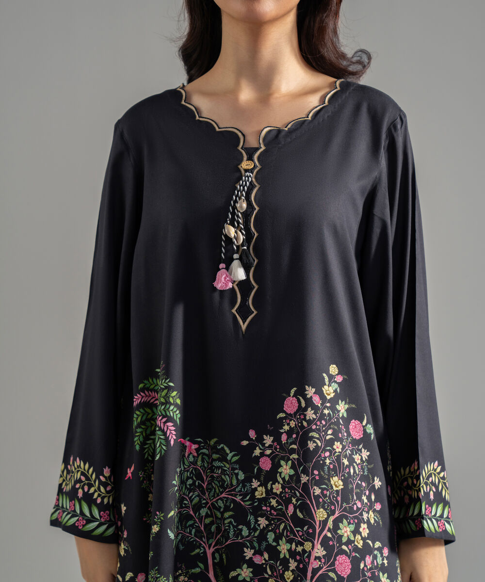Women's RTW Arabic Lawn Printed Black Straight Shirt