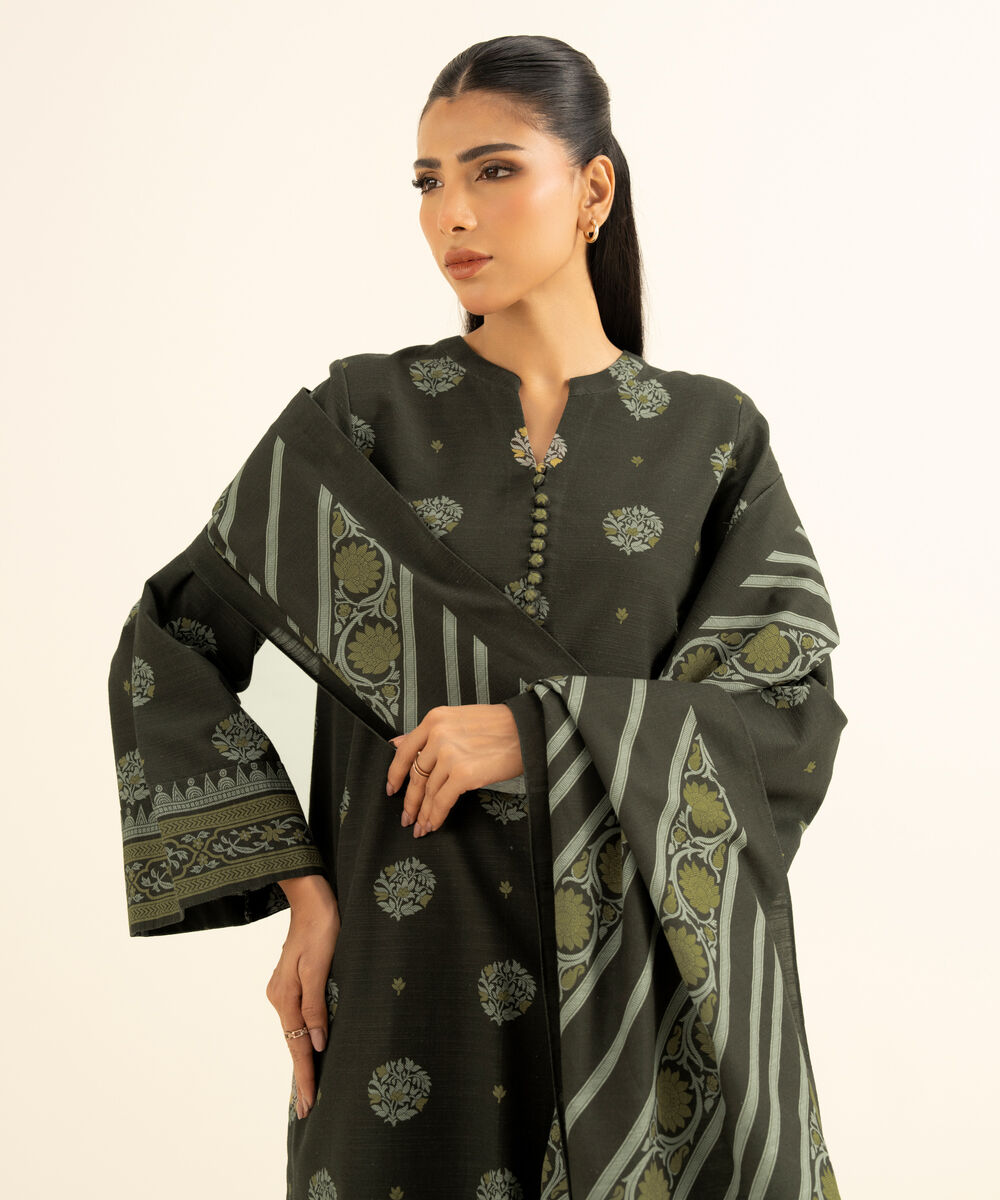 Women's Unstitched Khaddar Printed Brown 3 Piece Suit