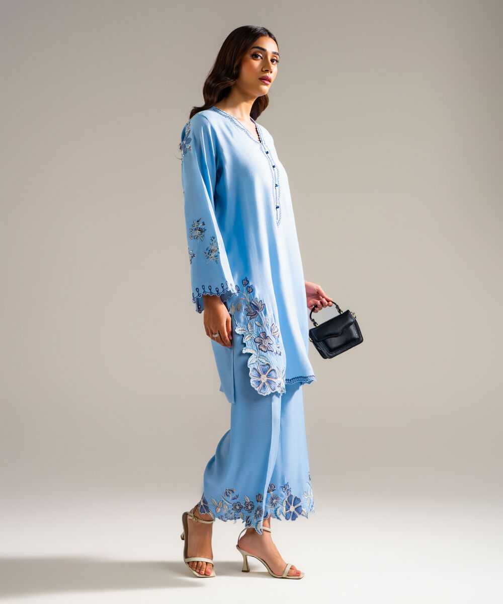 Women's RTW Raw Silk Embroidered Blue 2 Piece Suit