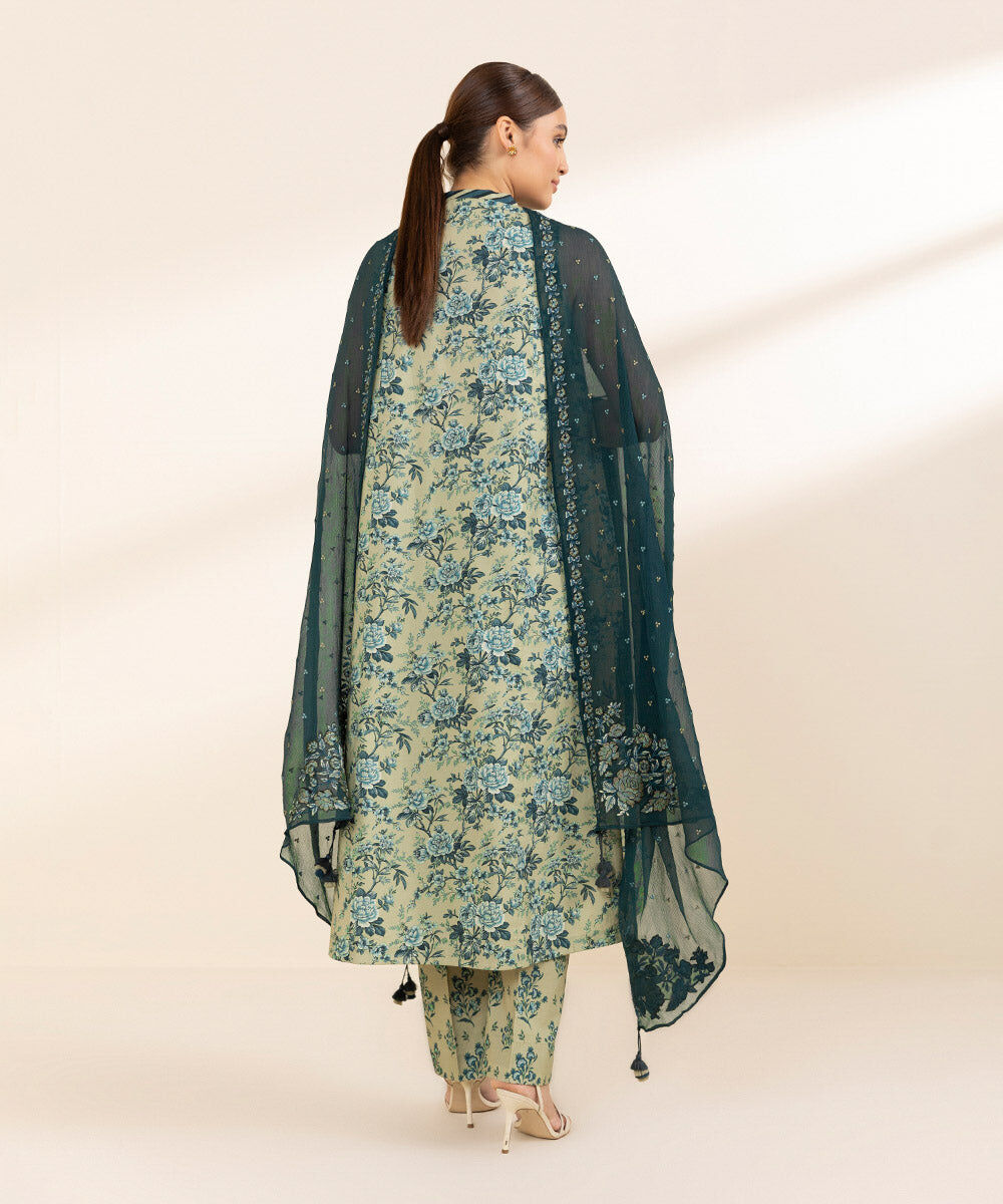 Woman - Green 3 Piece - Embroidered Cotton Suit