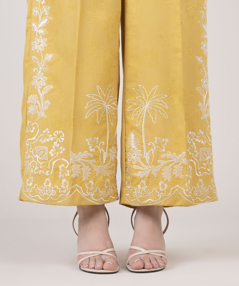 Women's RTW Cotton Jacquard Embroidered Yellow Culottes