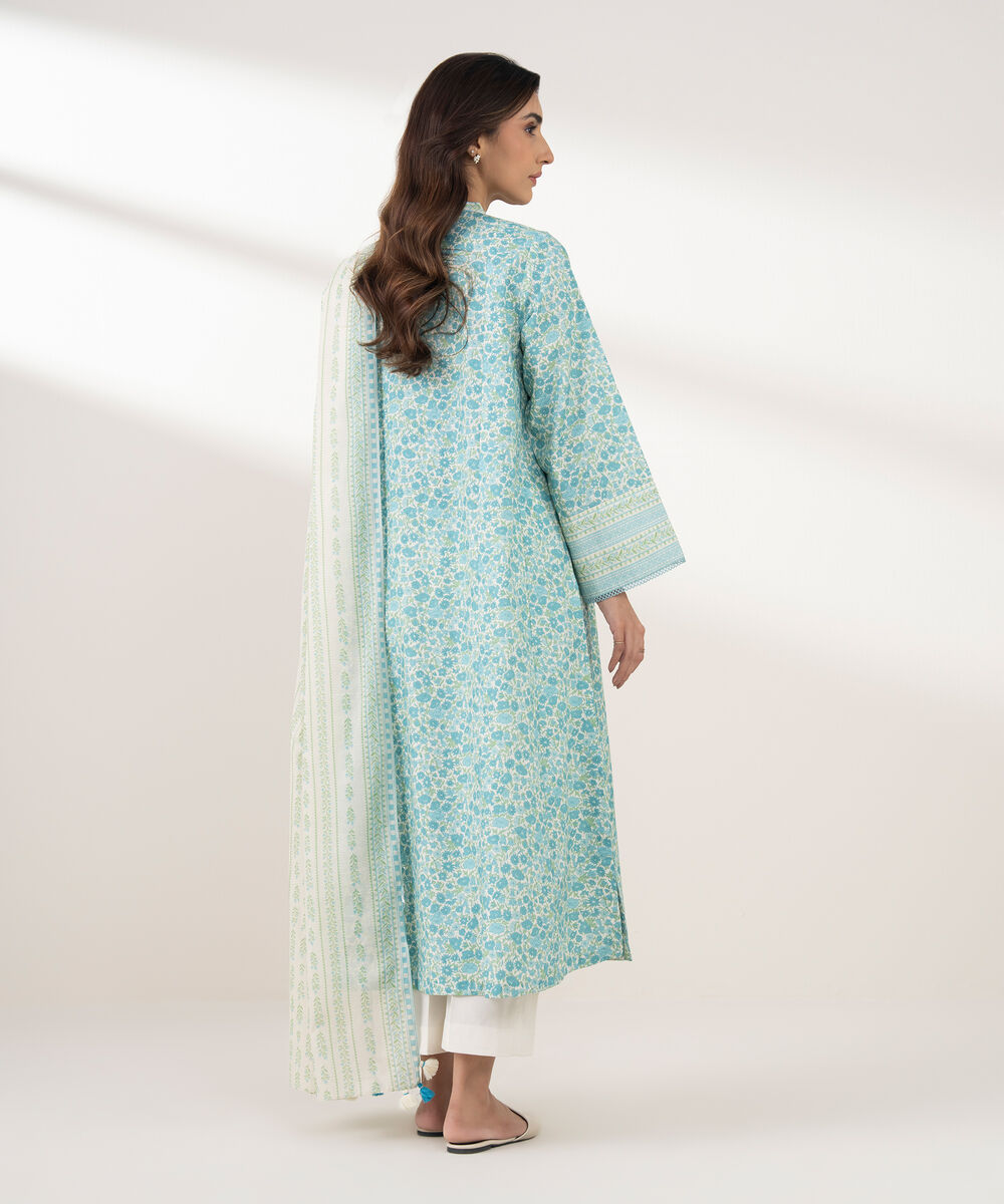 Women's Unstitched Cotton Printed Blue 3 Piece Suit