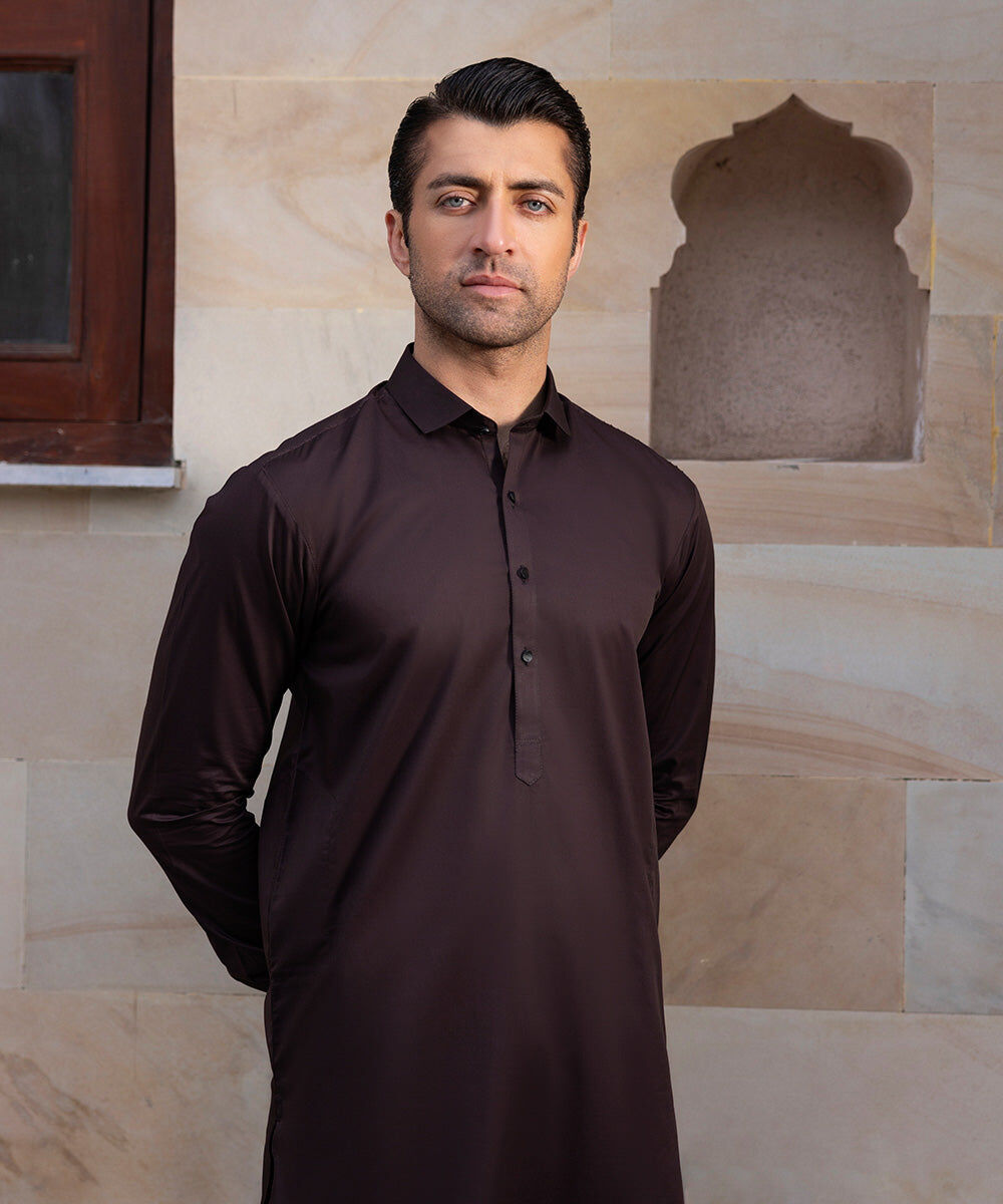 Men's Unstitched Luxury Giza Cotton Dark Maroon Full Suit Fabric