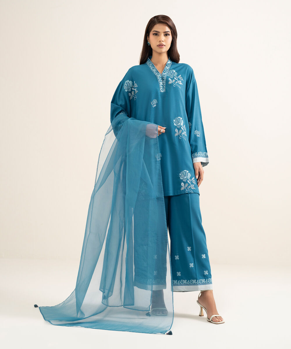 Women's RTW Cotton Viscose Embroidered Blue Drop Shoulder Shirt