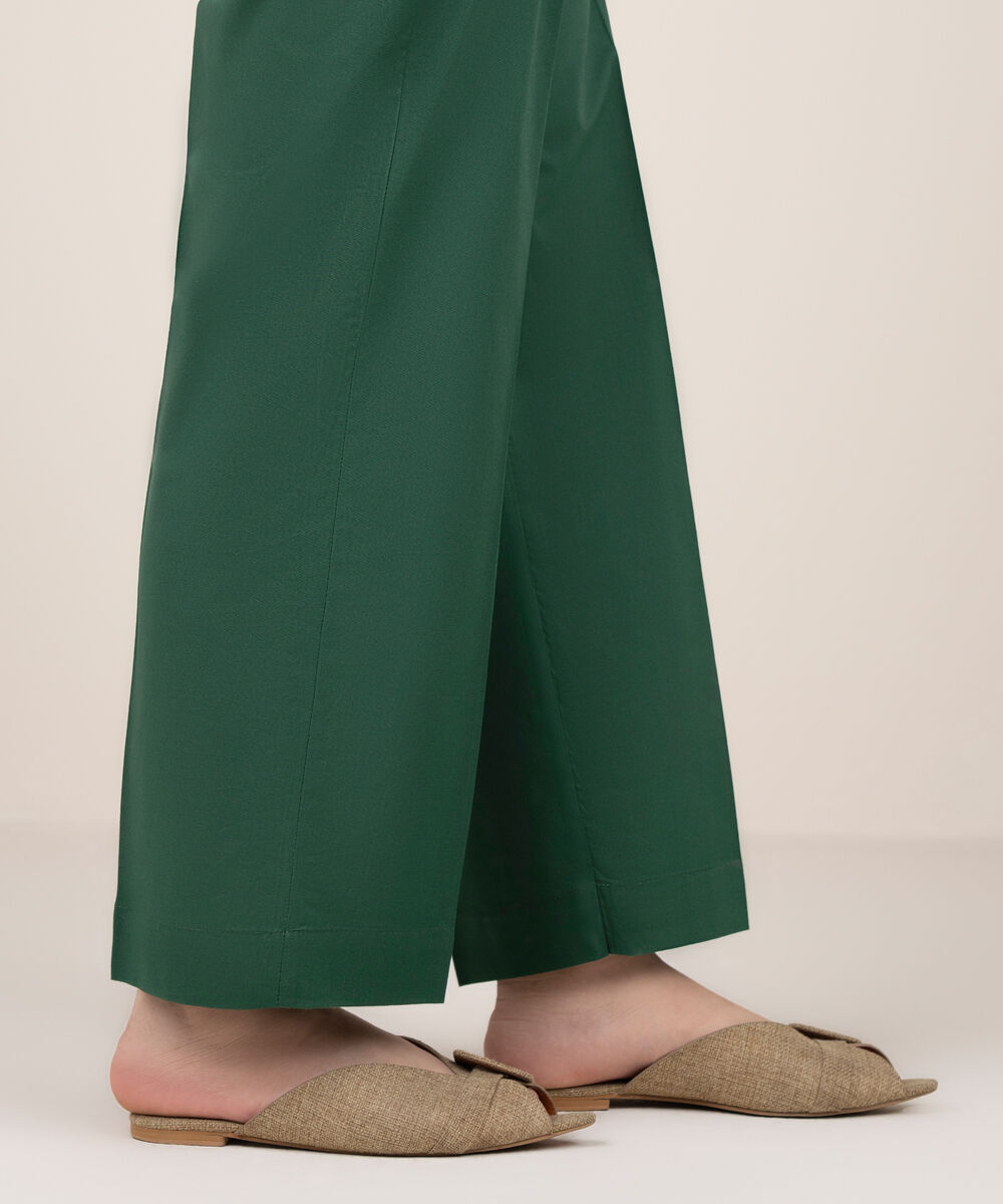 Women's RTW Cotton Solid Green Straight Pants