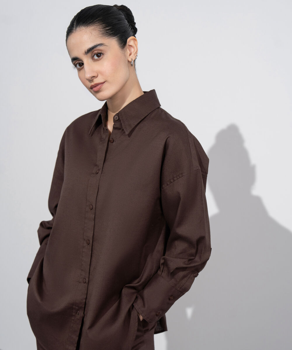 Women's Western Wear Brown Loose Fit Linen Blend Shirt
