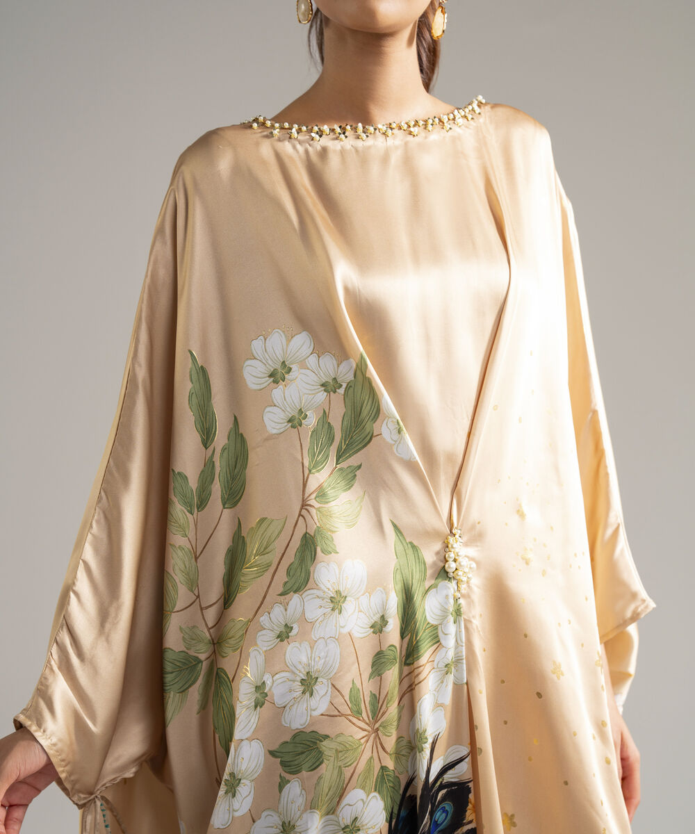 Women's RTW Blended Satin Printed Beige Kaftan