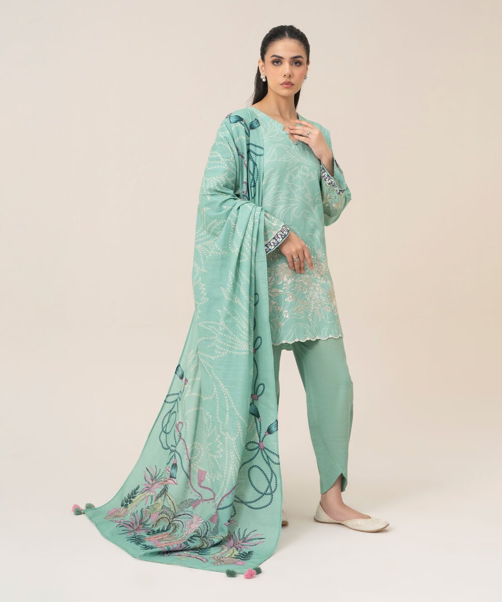 Women's Unstitched Premium Khaddar Embroidered Mint Green 3 Piece Suit