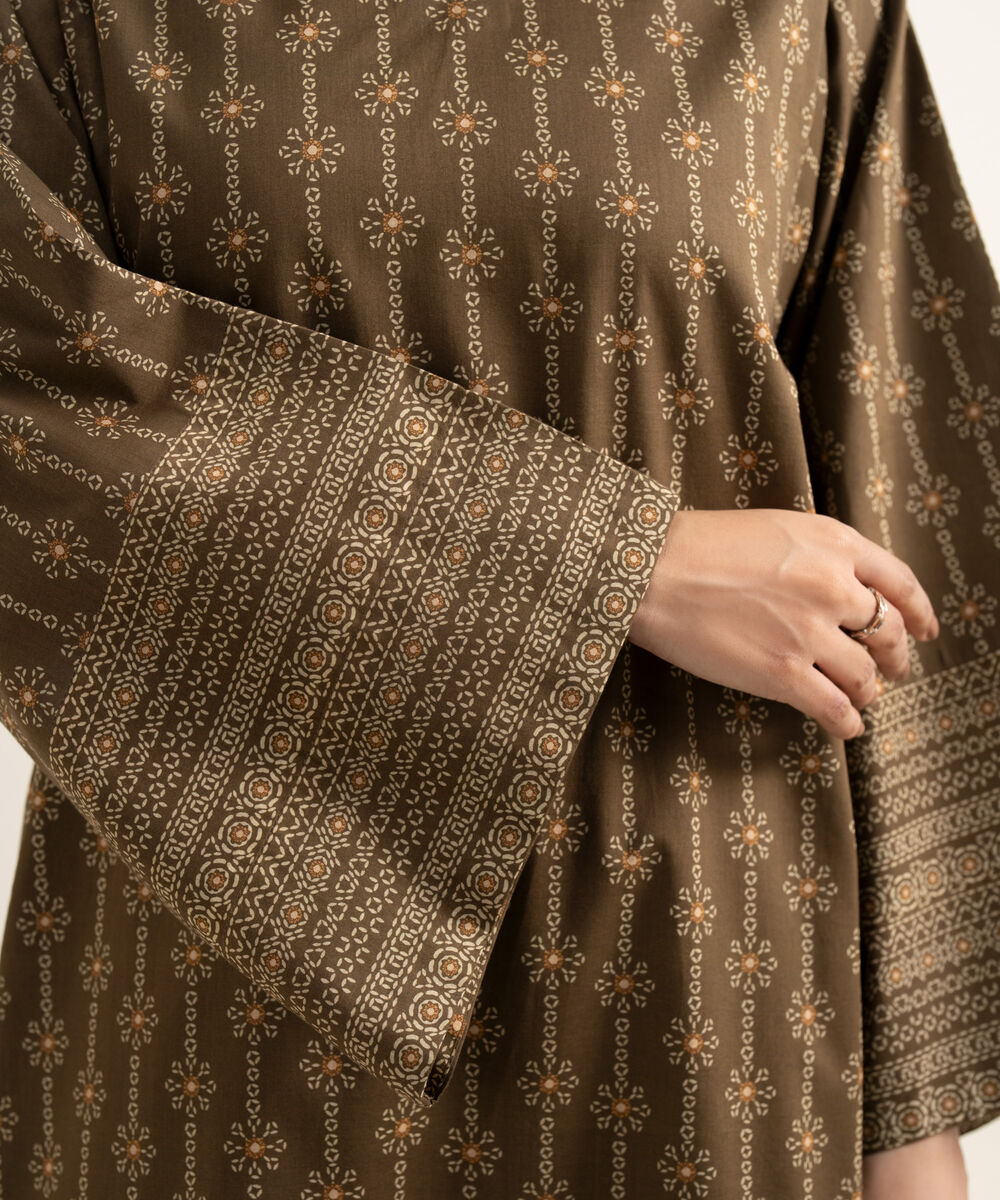 Women's Unstitched Lawn Printed Brown 3 Piece Suit