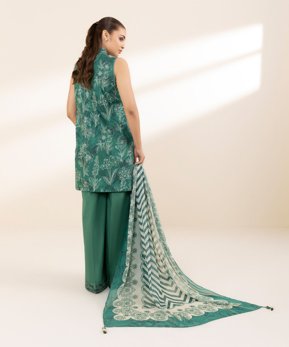 Unstitched Women's Printed Lawn Green Two Piece Suit