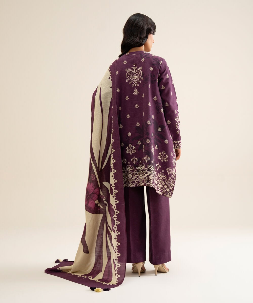 Women's Unstitched Light Khaddar Printed Plum 3 Piece Suit