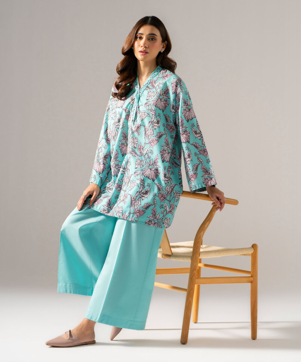 Women's RTW  Cambric Printed Blue Drop Shoulder