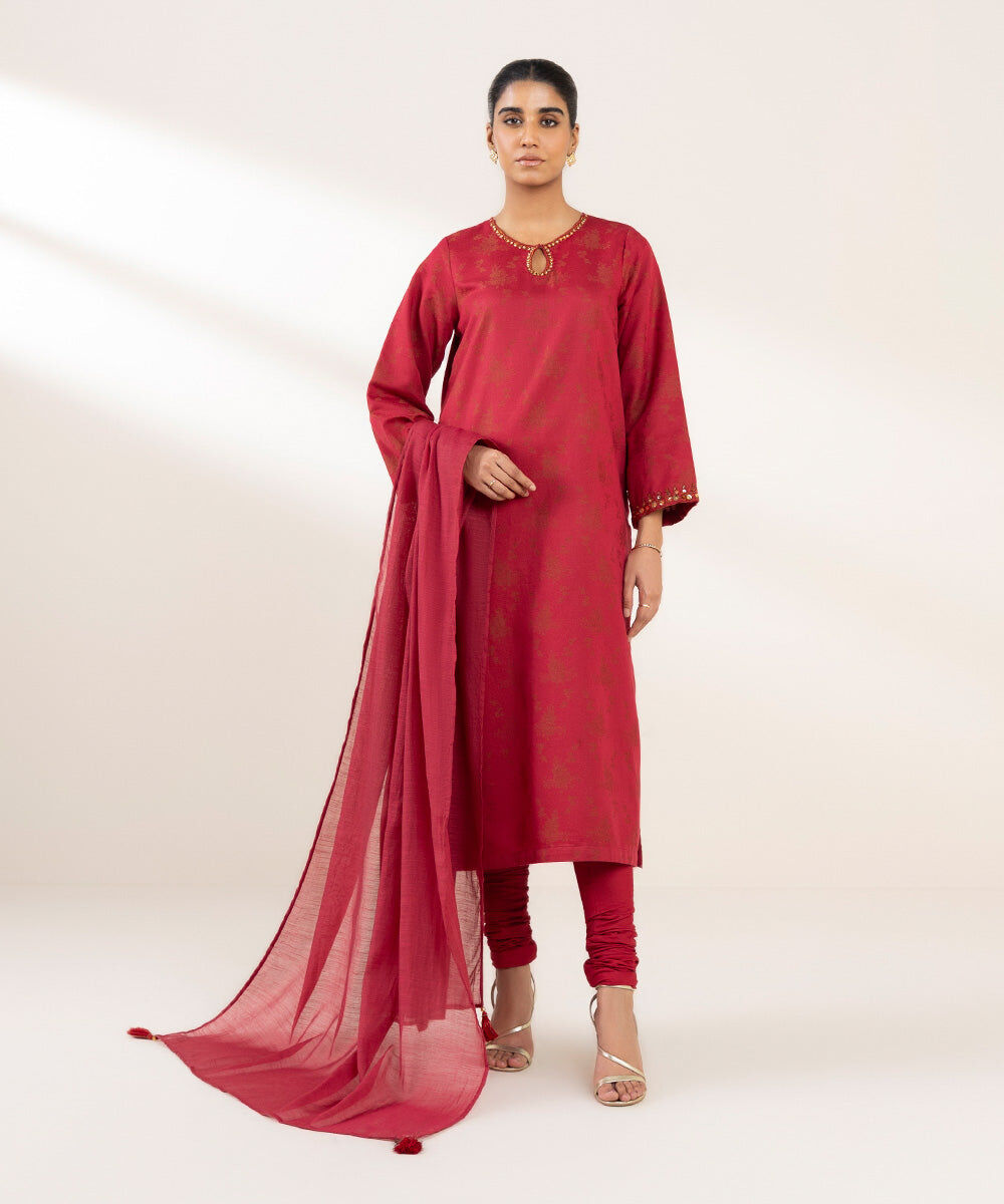 Woman - Red Embroidered Cotton Jacquard Shirt