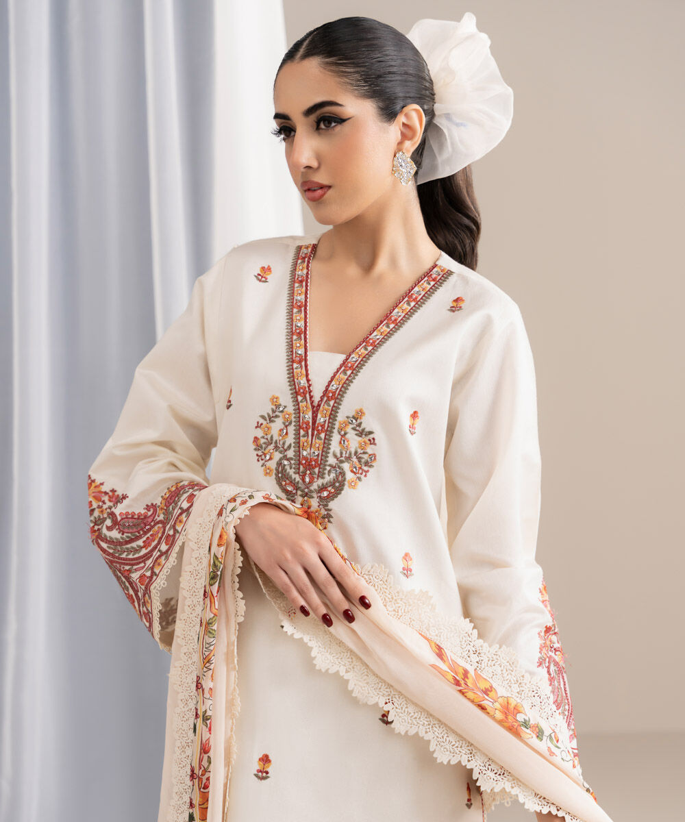 Unstitched Women's Embroidered Cotton Net Off White Three Piece Suit