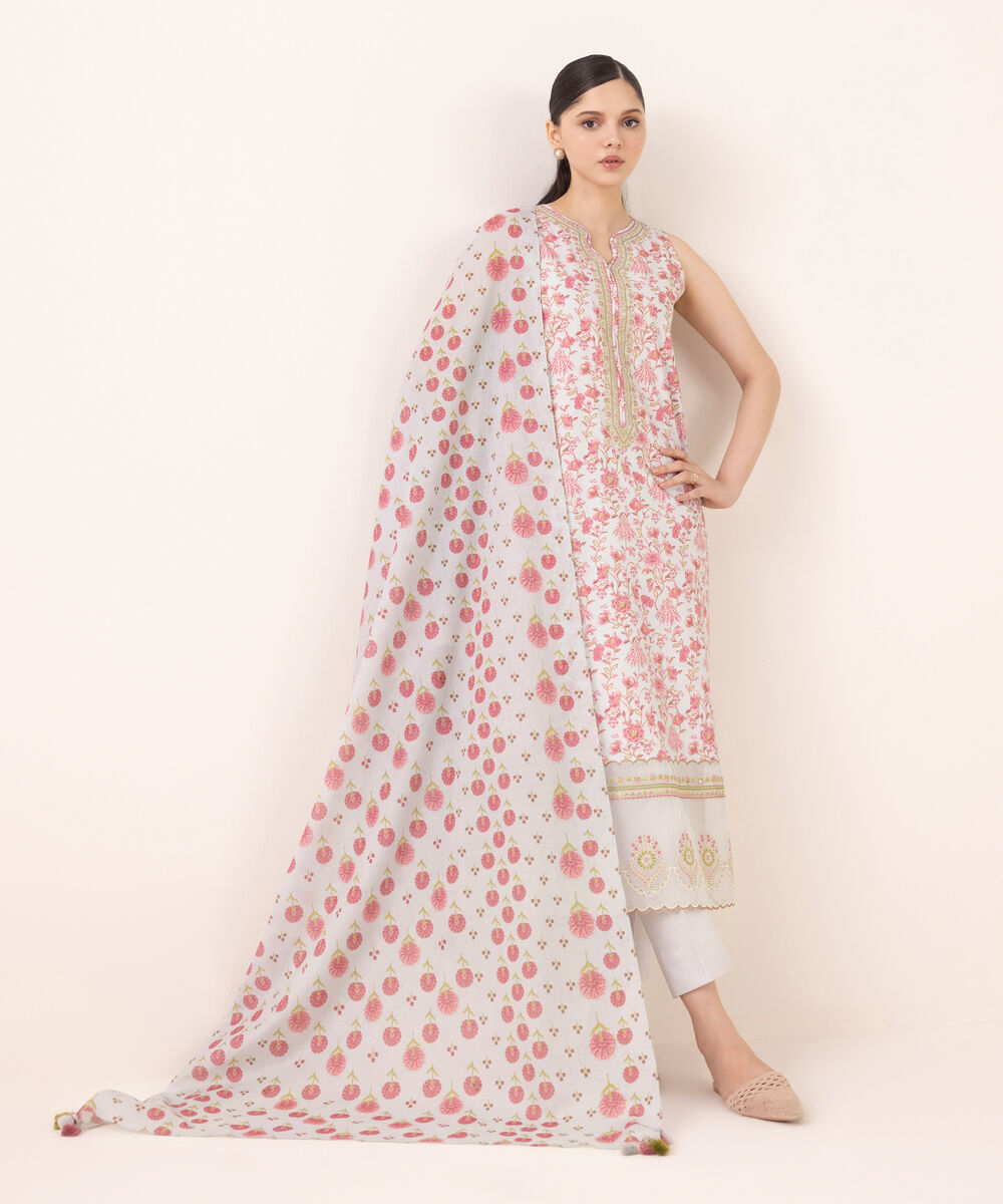 Women's Unstitched Cotton Embroidered Multi Three Piece Suit