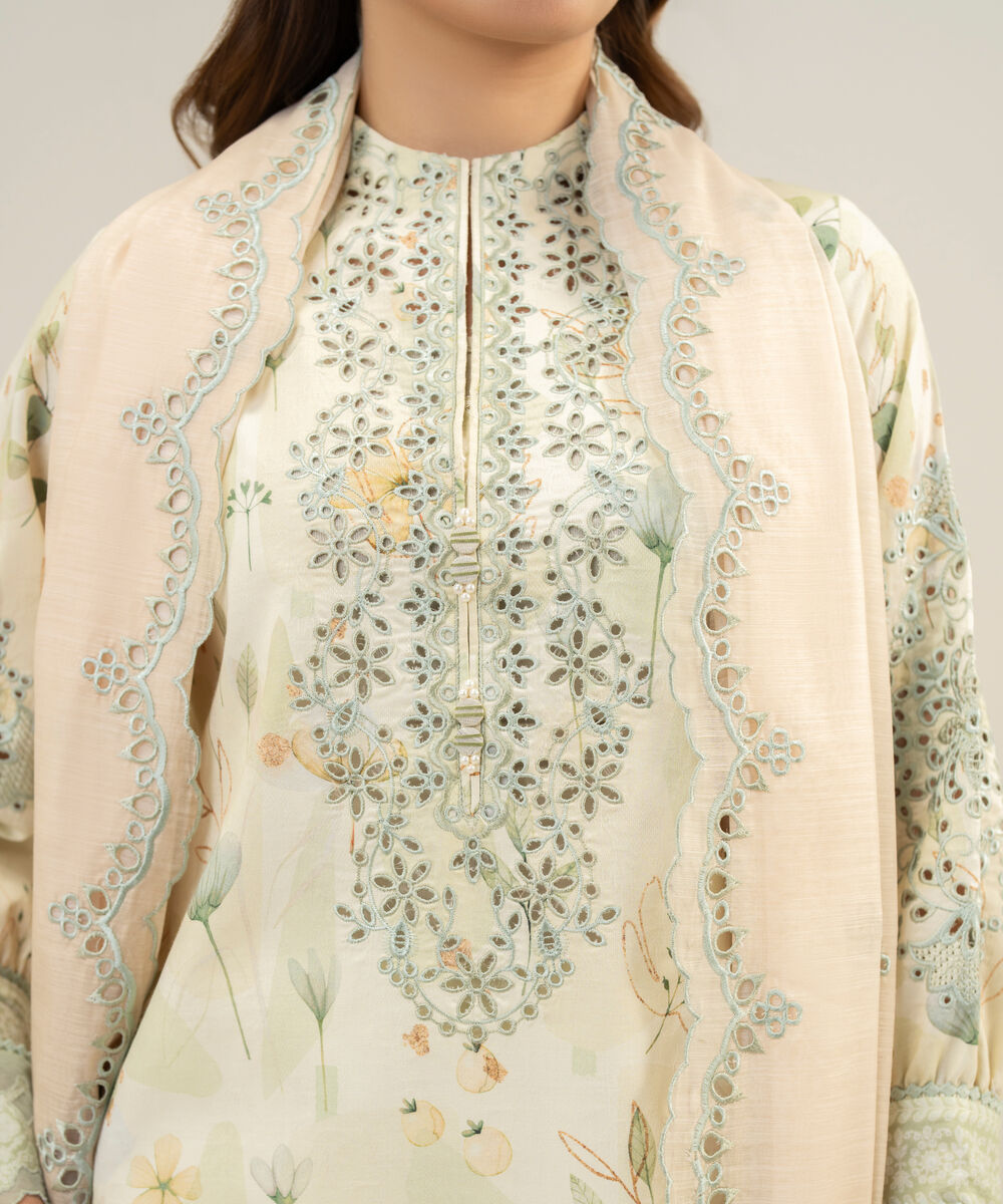 Women's Unstitched Cotton Jacquard Embroidered Off White 3 Piece Suit