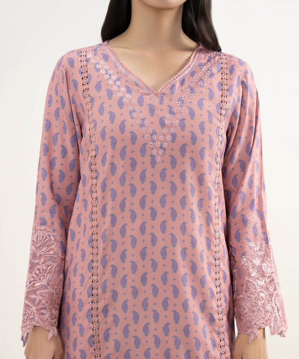 Women's RTW Viscose Raw Silk Embroidered Pink Straight Shirt