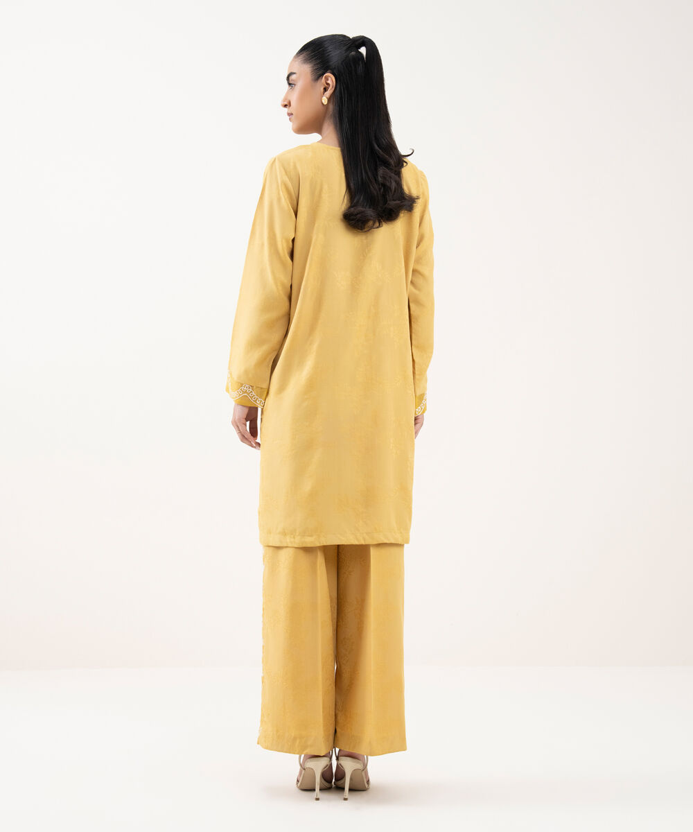 Women's RTW Cotton Jacquard Embroidered Yellow Straight Shirt