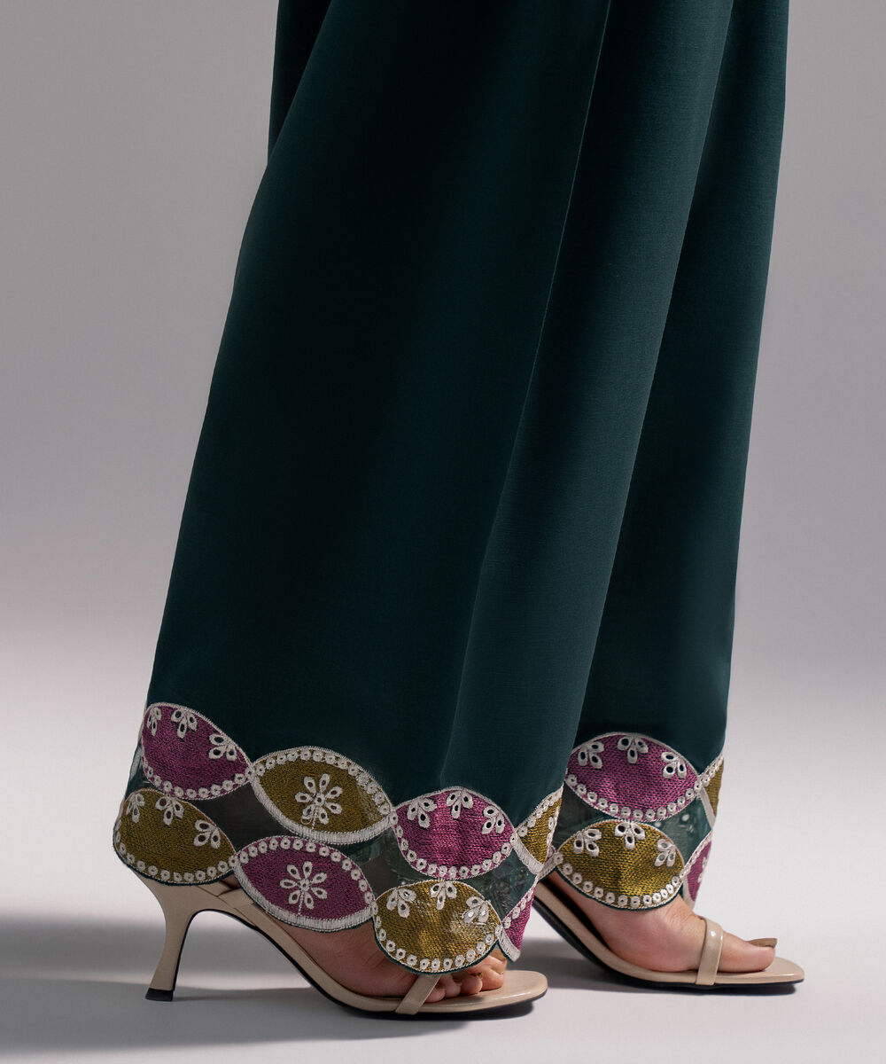 Women's RTW Slub Lawn Solid Dark Green Farshi Shalwar