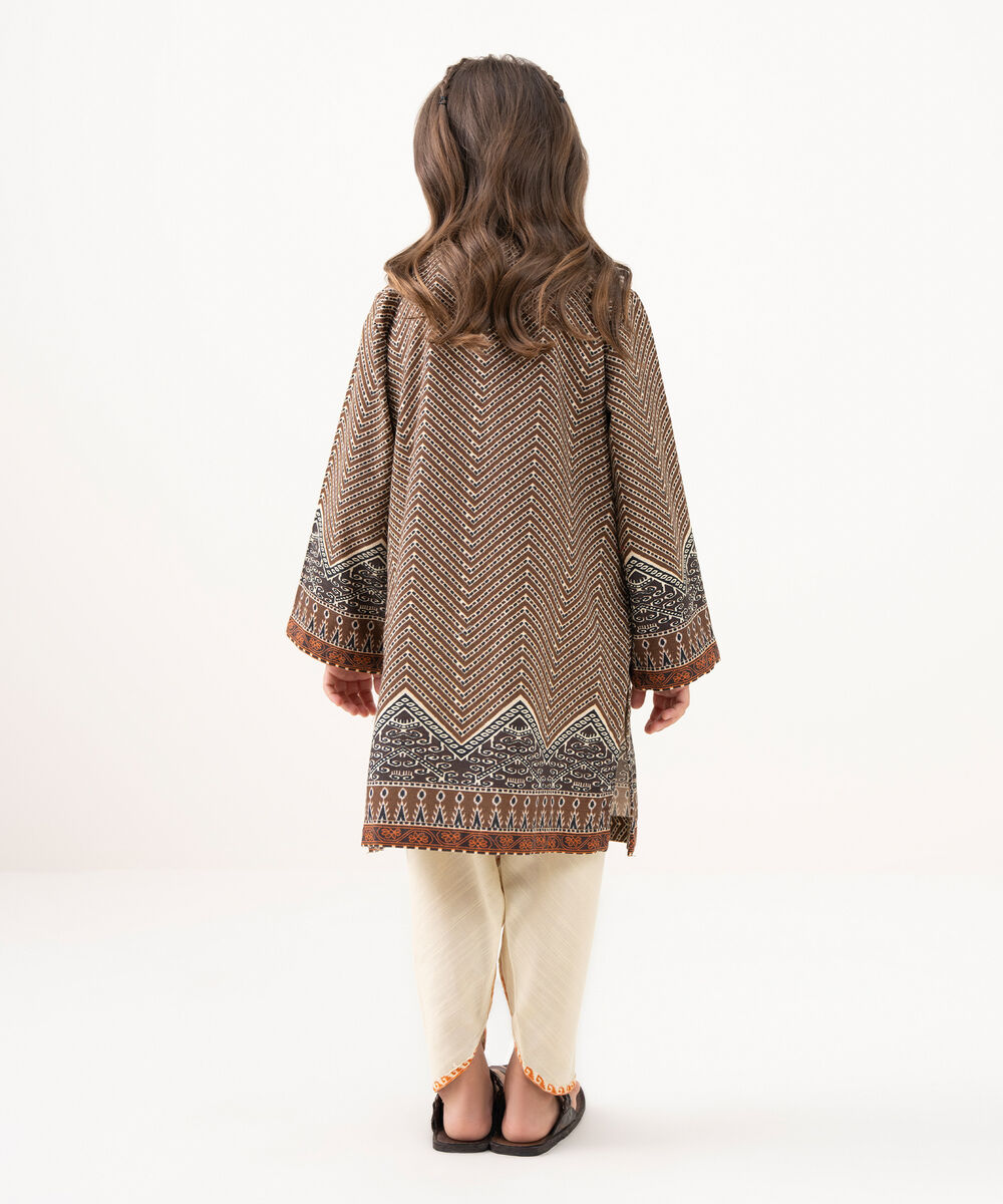 Girl's Light Khaddar Printed Brown 2 Piece Suit